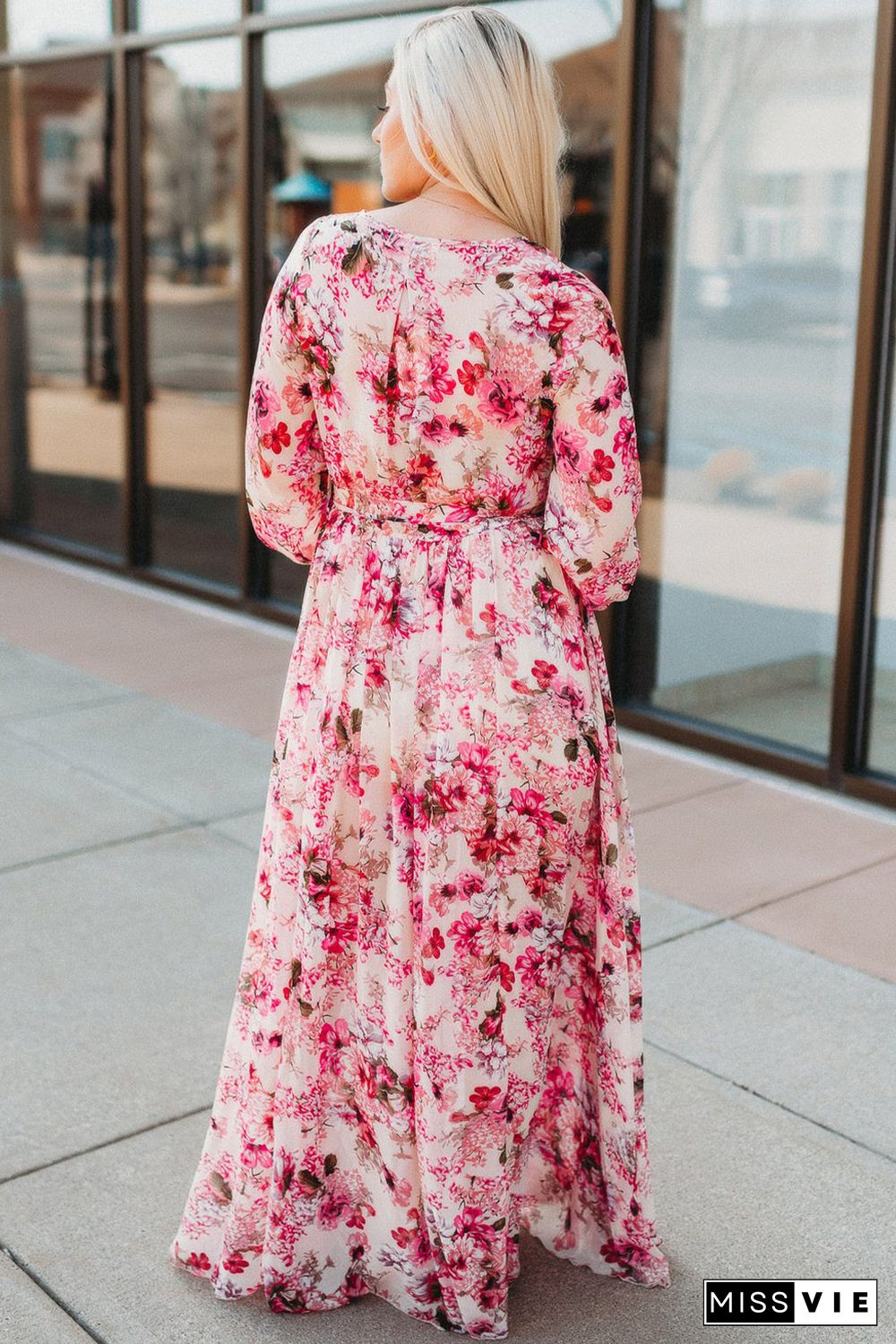 Pink Wrap V Neck Floral Maxi Dress