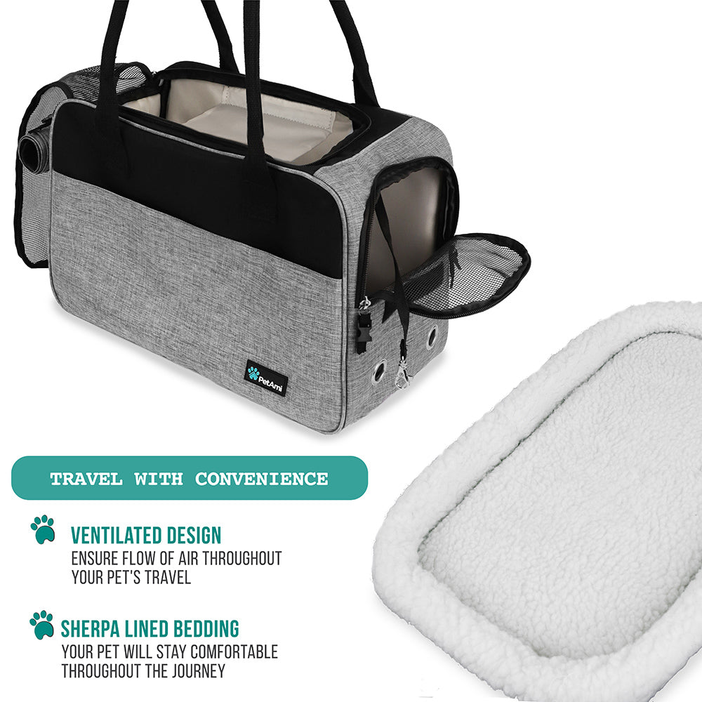 PetAmi Airline Approved Dog Purse Carrier | Soft-Sided Pet Carrier for Small Dog， Cat， Puppy， Kitten | Portable Stylish Pet Travel Handbag | Ventilated Breathable Mesh， Sherpa Bed (Heather Grey)