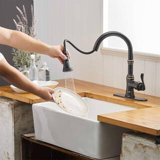 FLG Single-Handle Deck Mount Gooseneck Pull Down Sprayer Kitchen Faucet with Deckplate in Oil Rubbed Bronze LE-0014-ORB