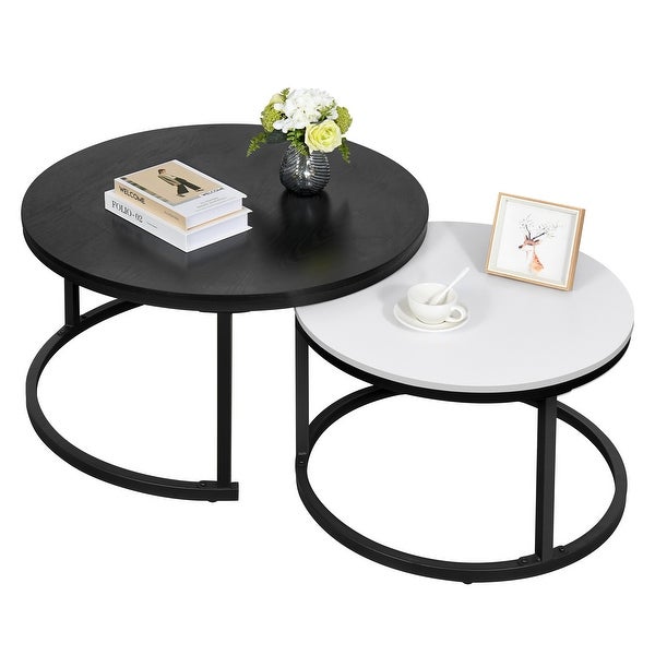 Modern Nesting Round Coffee Table Set of 2 for Living Room Black and White