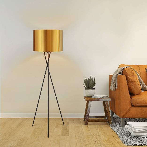 Kona Mid century Modern Tripod Floor Lamp With Drum Shade Gold black Teamson Home