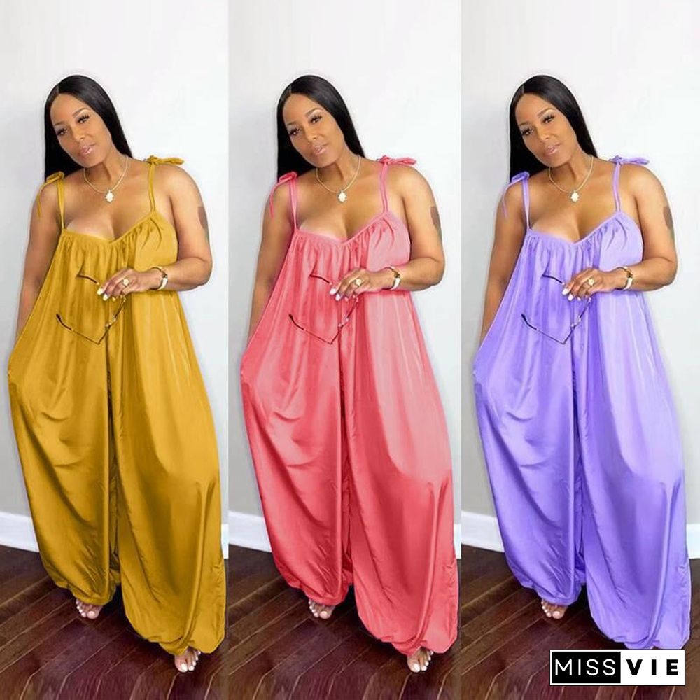 Plus Size Women Deep V Neck Sleeveless Spaghetti Strap Solid Color Loose Wide Leg Full Length Summer Jumpsuit