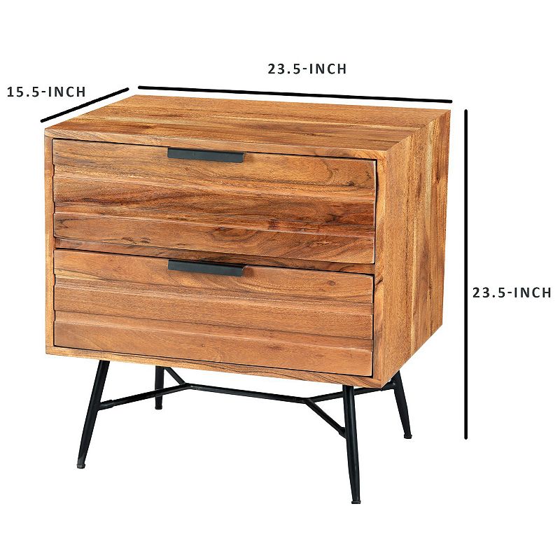 2 Drawer Wooden Nightstand with Metal Angled Legs， Black and Brown