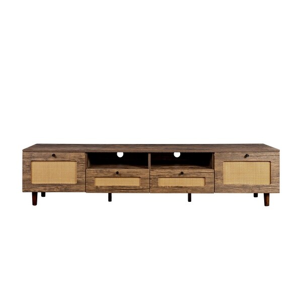 Farmhouse Rattan TV Stand Wood Media Entertainment Center Console Table with 2 Doors and 2 Open Shelves