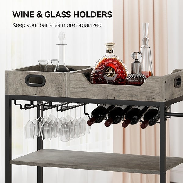 Bar Cart， 3 Tier Bar Carts for The Home，Grey Bar Cart with Wheels， Two Portable Trays， Wine Rack， Glasses Holder