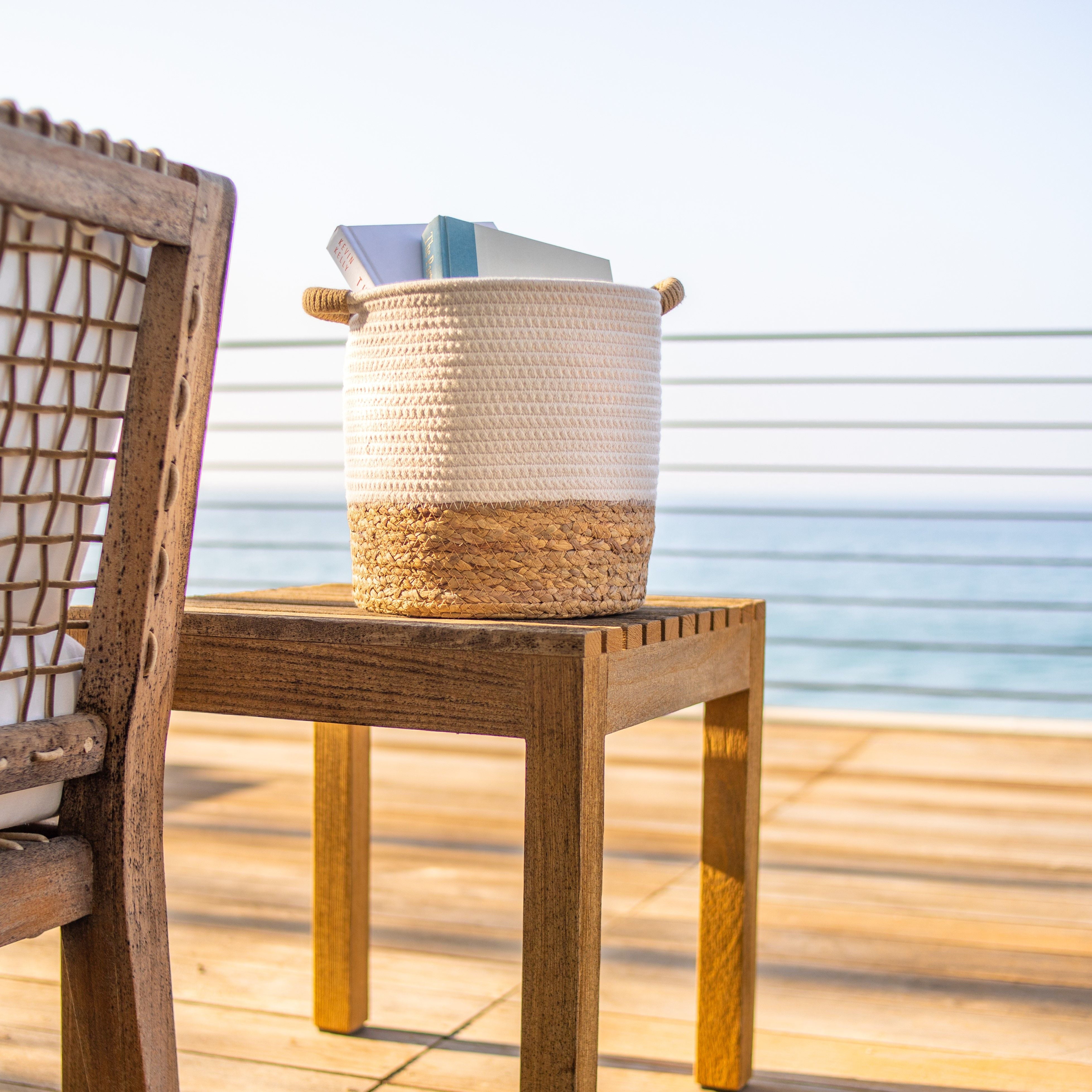 Set of 2 Round Storage Basket, Braided Seagrass & Cotton Rope (MD+SM), Natural & White