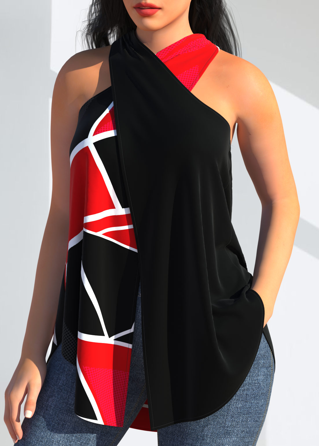 Halter Geometric Print Black Cross Tank Top