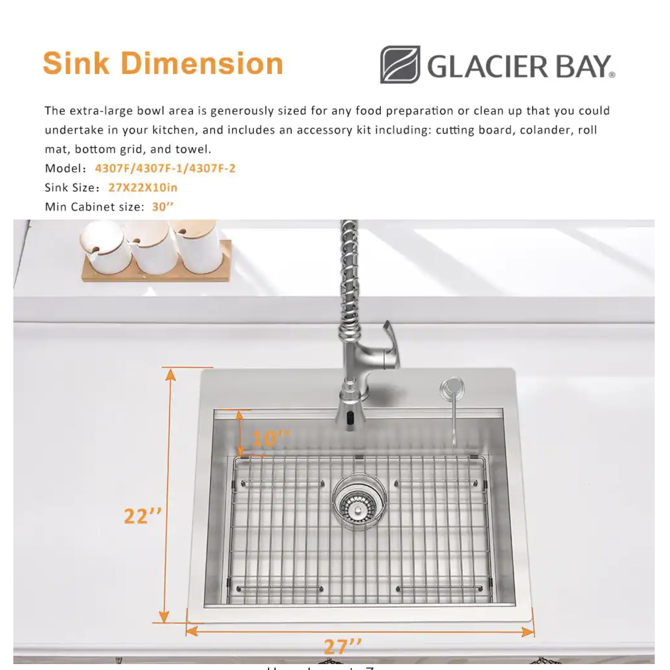 Glacier Bay All-in-One Zero Radius Drop-in 18G Stainless Steel 27 in. 2-Hole Single Bowl Workstation Kitchen Sink， Pull-Down Faucet