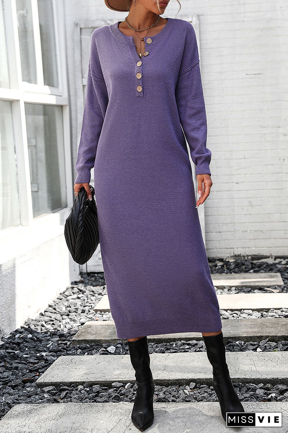 Elegant Solid Buckle O Neck Long Sleeve Dresses