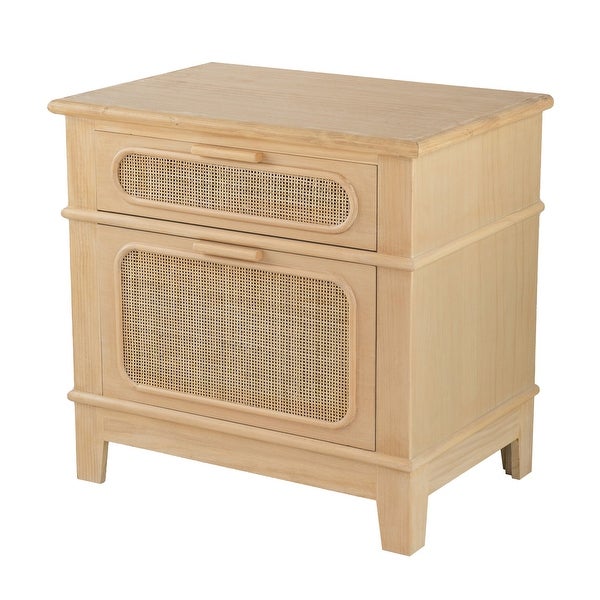 Dana 27 Inch Bedside Table， 2 Rattan Drawers， Pine Wood， Natural Brown