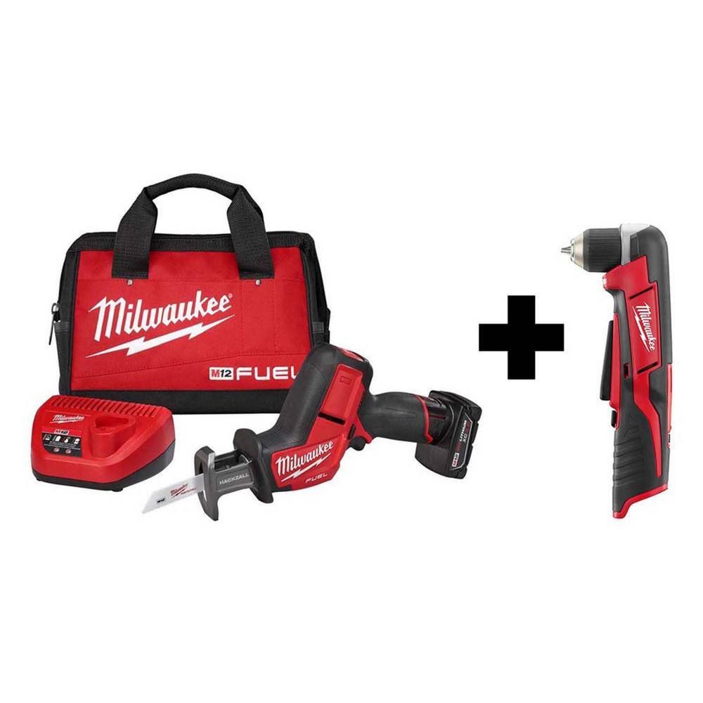 MW M12 FUEL 12V Lithium-Ion Brushless Cordless HACKZALL Reciprocating Saw Kit with M12 38 in. Right Angle Drill 2520-21XC-2415-20