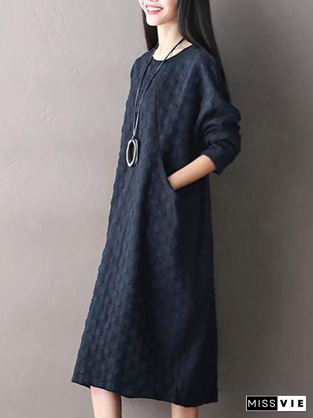 Plus Size Polka Dot Stretch Cotton Long Sleeve Dress