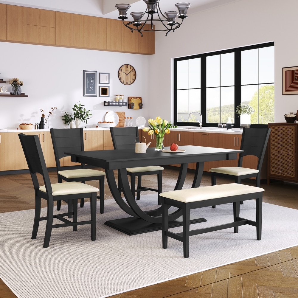 Modern 6 Pc Dining Table Set w/ Wood Half Round Pedestal  4 Chair   Bench