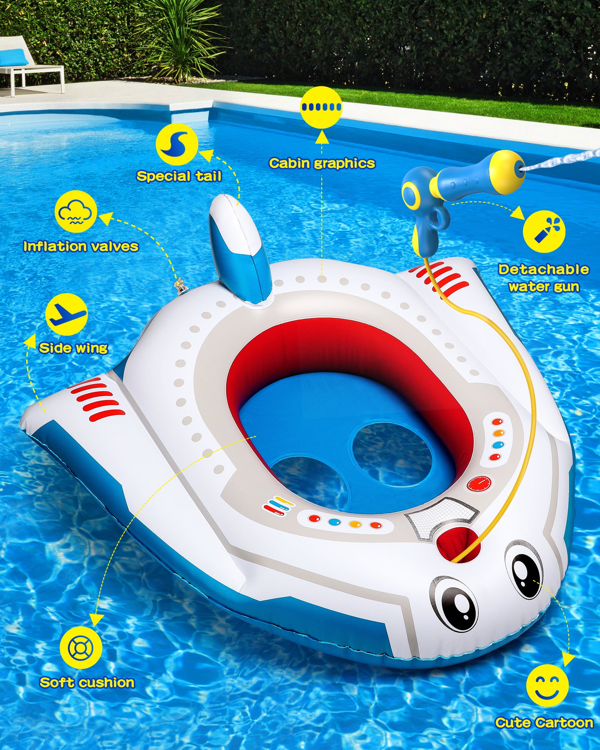 Aufitker Pool Float Kids with Water Gun, Inflatable Ride-on Airplane Pool Floats for Boys and Girls for Aged 3-12 Years