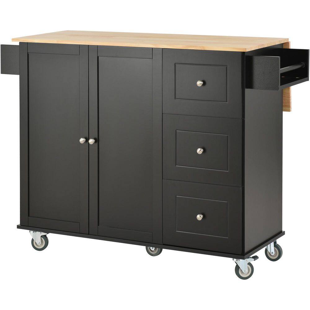 52.7 in. W x 17.71 in. D x 36.81 in. H Black Rolling Mobile Kitchen Island with Solid Wood Top and Locking Wheels WF2870AABWY