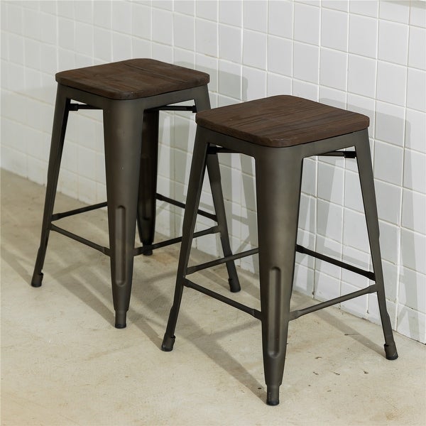 Homy Casa Stackable Metal Counter Stools with Solid Wood Seat