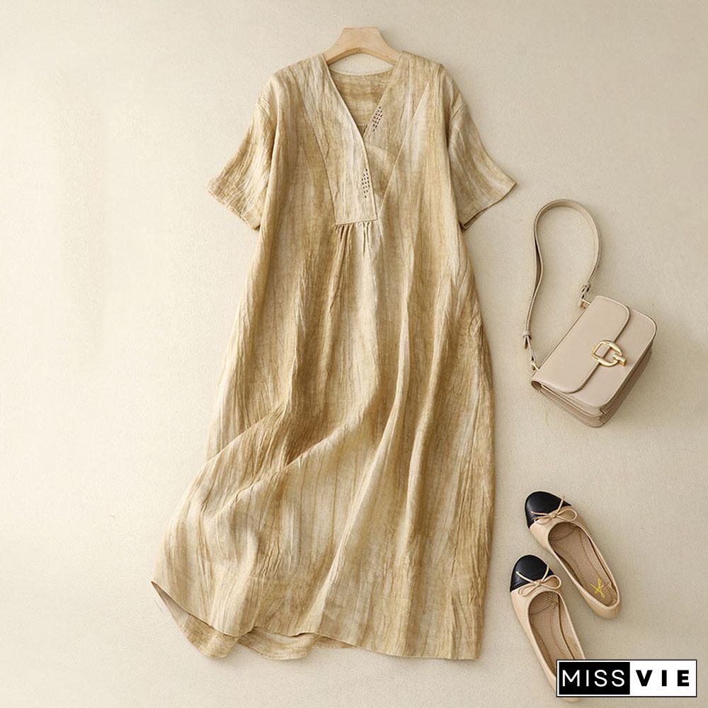 Women's Casual Simple Solid Color V -neck Linen Dress