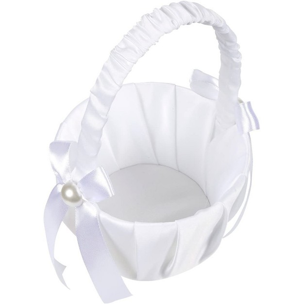 Juvale White Flower Girl Basket For Weddings Flower Pedal Basket In Satin Bowknot And Pearl Design 8 X 5 2 X 6 In