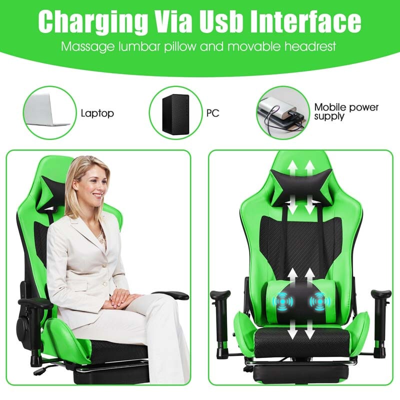 High Back E-Sport Massage Gaming Chair with Footrest & Headrest, Ergonomic PU Leather Gaming Seat, Video Game Chair Computer Chair