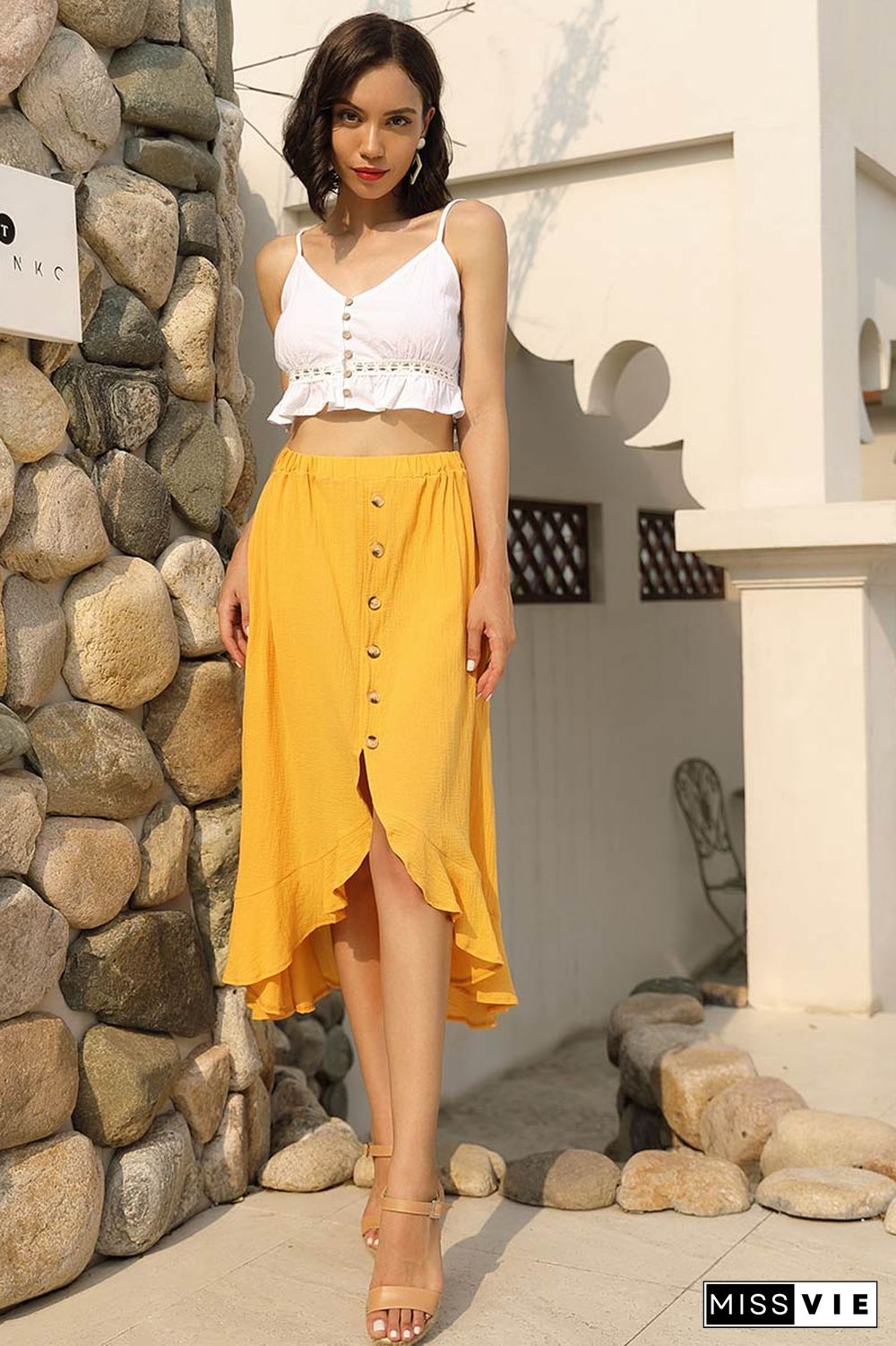 Yellow Asymmetrical Ruffled Buttoned Skirt