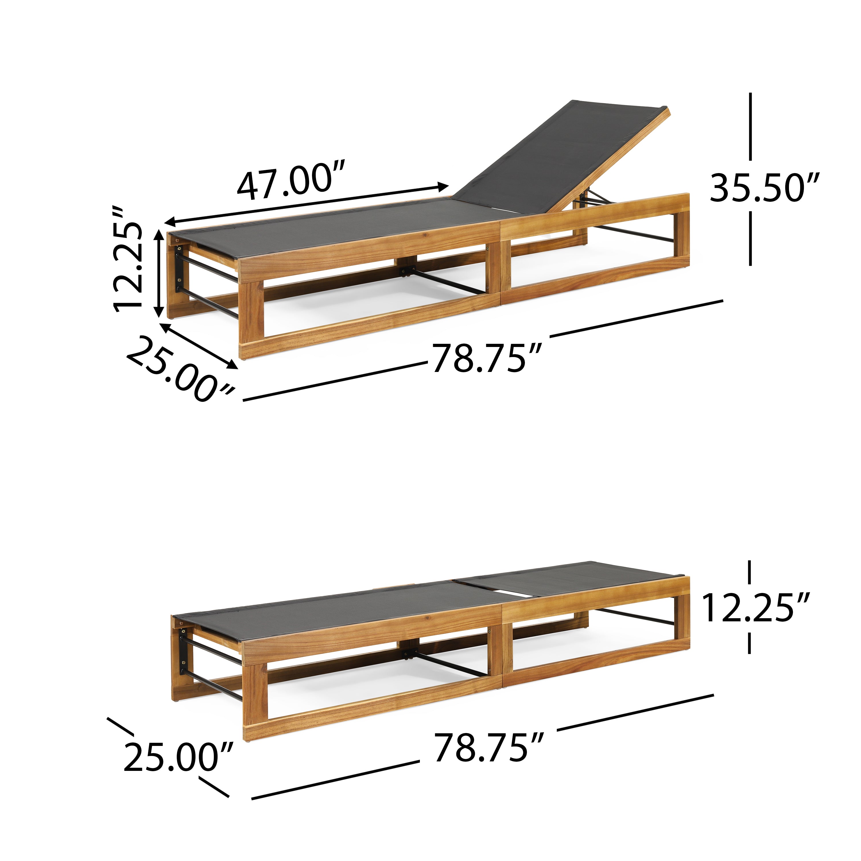 Leavitt Outdoor Mesh and Wood Adjustable Chaise Lounges, Set of 2, Black and Teak