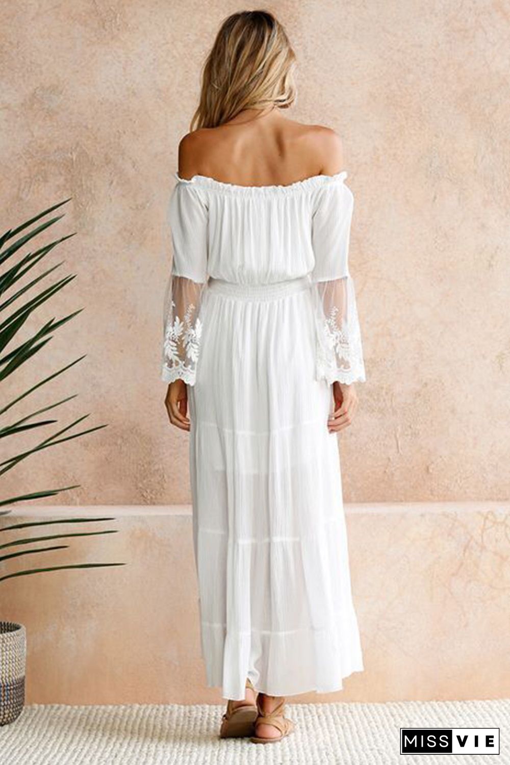 White Off Shoulder Embroidered Flared Sleeve Lace Maxi Dress