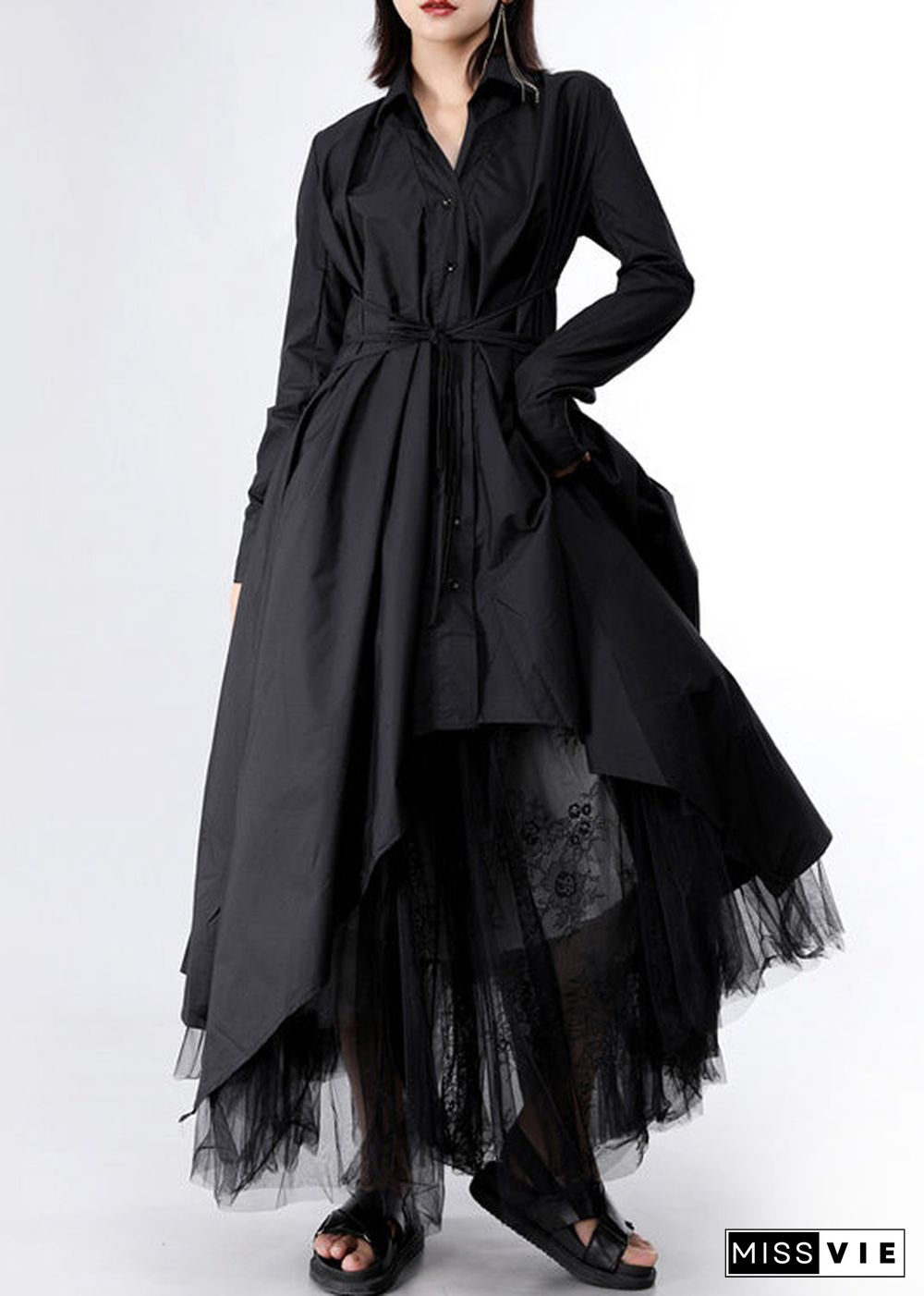 Women Black Asymmetrical tie waist Long Dresses Long Sleeve