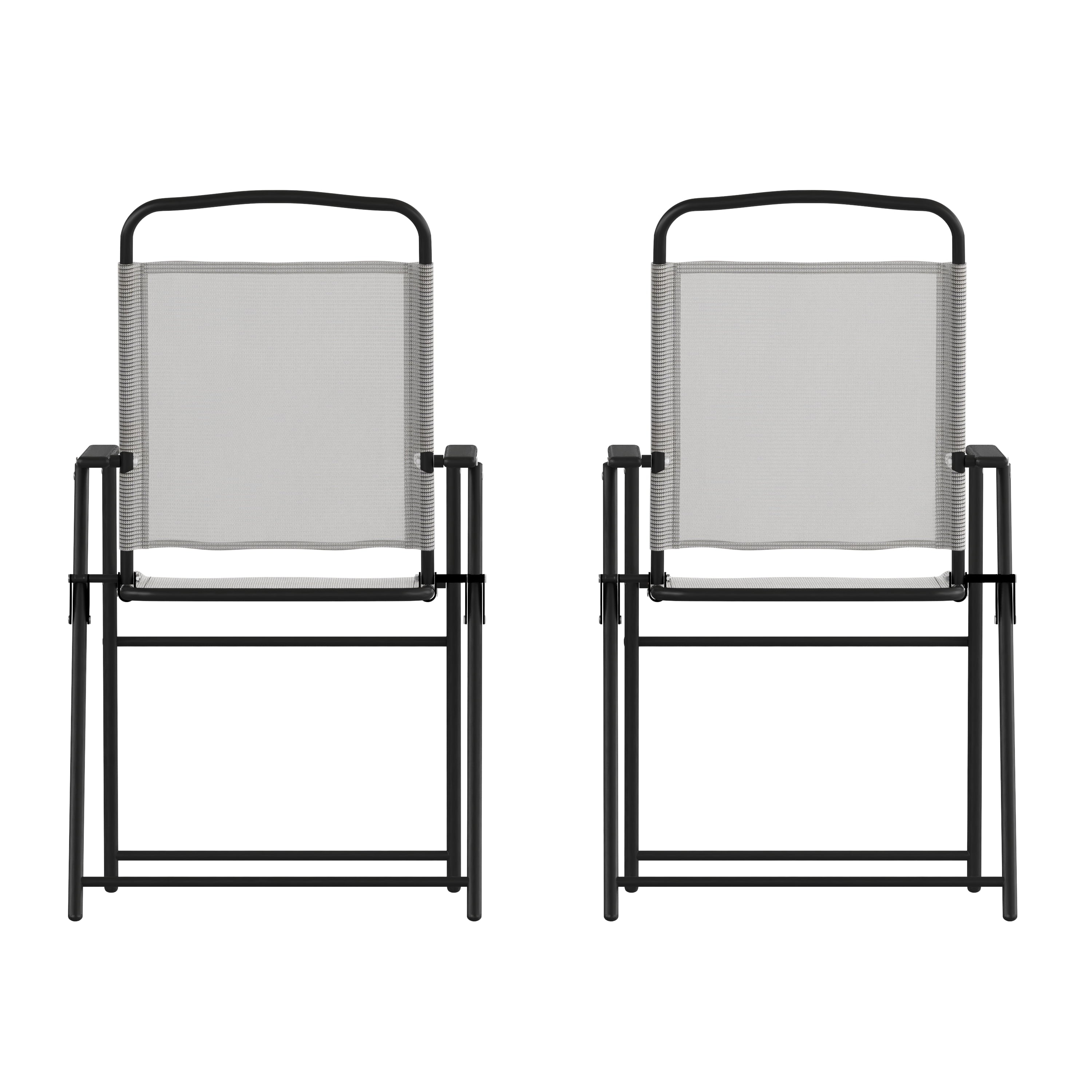 BizChair Set of 2 Folding Patio Sling Chairs, Outdoor Textilene Lawn Chairs with Armrests in Gray