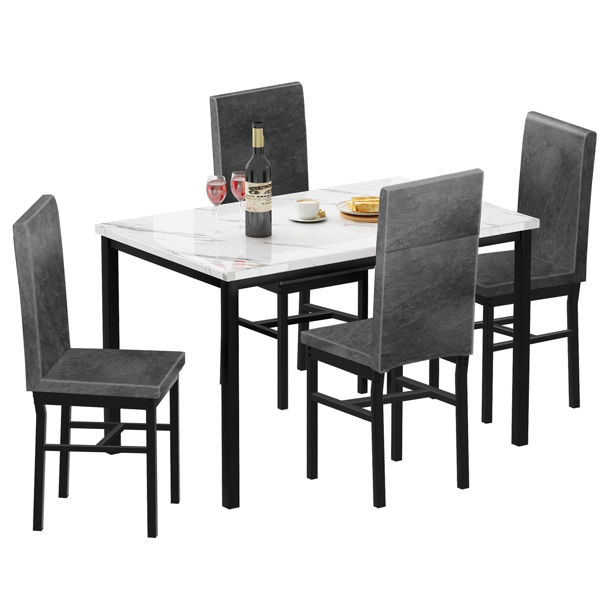 paproos Dining Table Set for 4, Modern 5-Piece Kitchen Table Set with Marble Top and Faux Leather Upholstery Chairs, Heavy Duty Dinette Sets for Breakfast Nook, Dining Room Table and Chairs, Gray