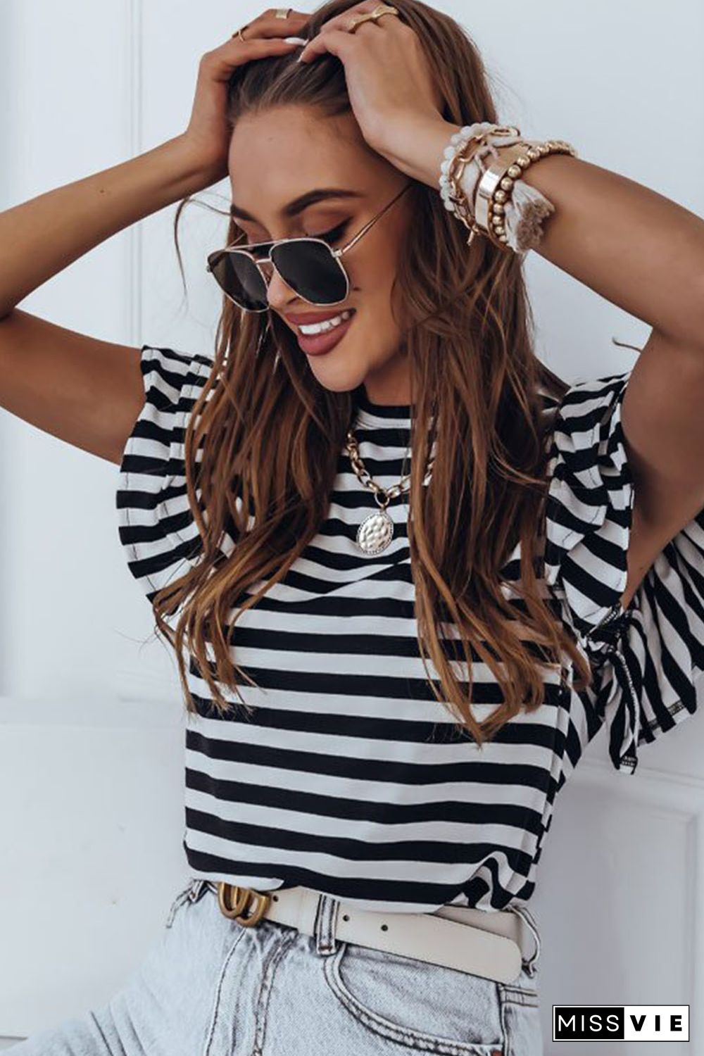 White Stripe Print Tiered Ruffled Sleeve Tee