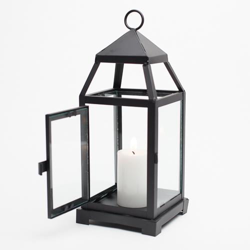 Richland Black Contemporary Metal Lantern with Clear Glasses - Small