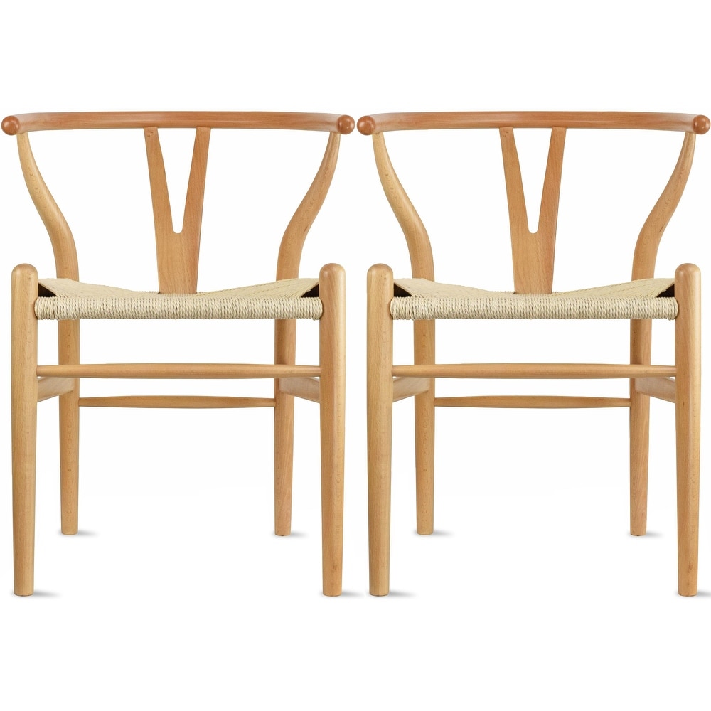 Set of 2 Modern Wood Elbow Chair Y Back For Kitchen Dining Room With Woven Wish Bone Seat Bedroom Restaurant Kitchen