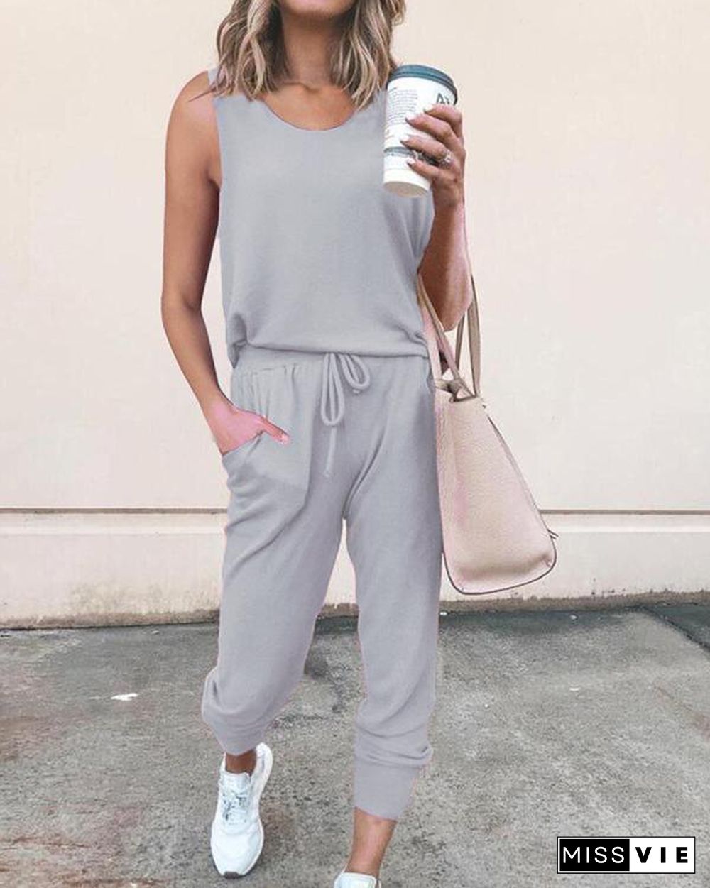 Casual Solid Self-tie Paneled Pockets Sleeveless Jumpsuit