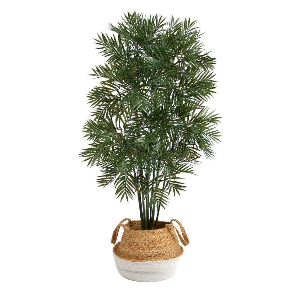 Nearly Natural 4 ft. Green Parlor Palm Artificial Tree in Boho Chic Handmade Cotton and Jute White Woven Planter T2942