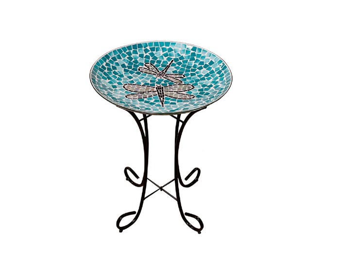 Alpine Dragonfly Glass Mosaic Birdbath with Metal Stand - HMD196A