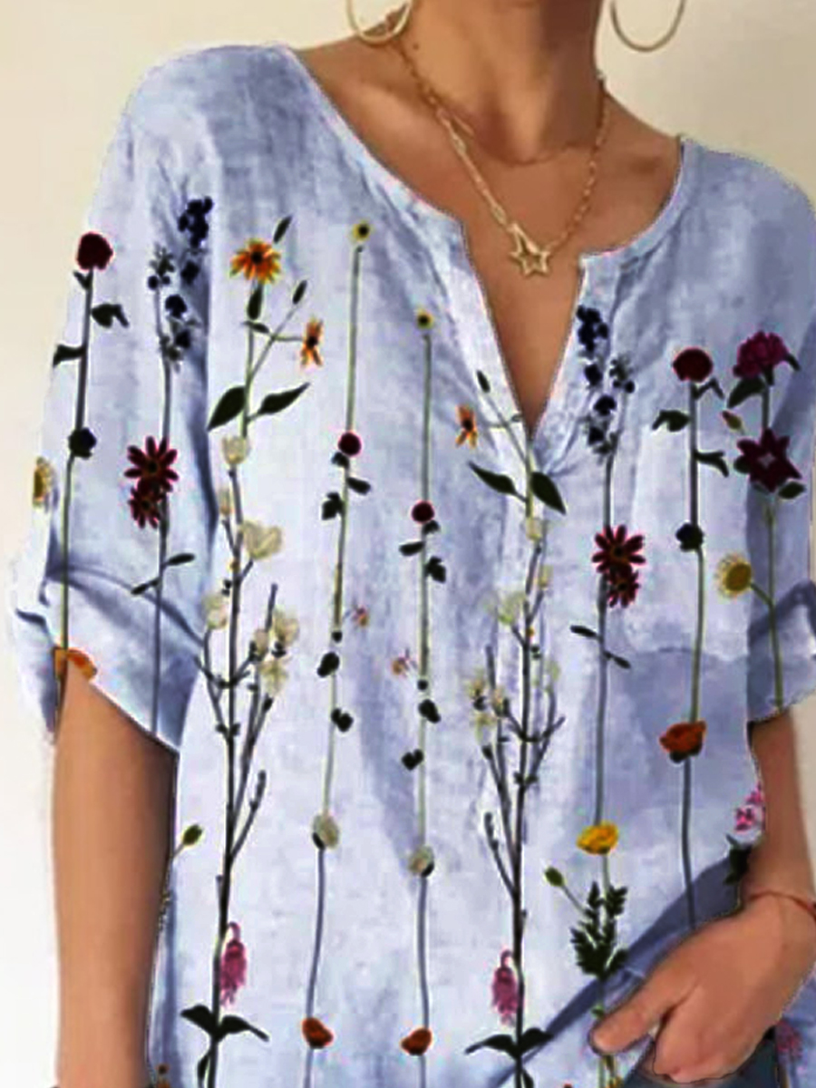 Ladies V-neck Floral Print Fashion Short-sleeved Blouse