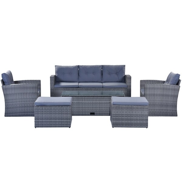 6Piece Patio Outdoor Conversation Set，AllWeather PE Rattan Sectional Sofa with Coffee Table and Ottomans