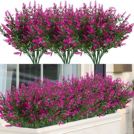 Morttic 24 Bundles Outdoor Artificial Lavender Fake Flowers UV Resistant Shrubs, Faux Plastic Greenery for Indoor Outside Hanging Plants Garden Porch Window Box Home Wedding Farmhouse Decor (Fuchsia)