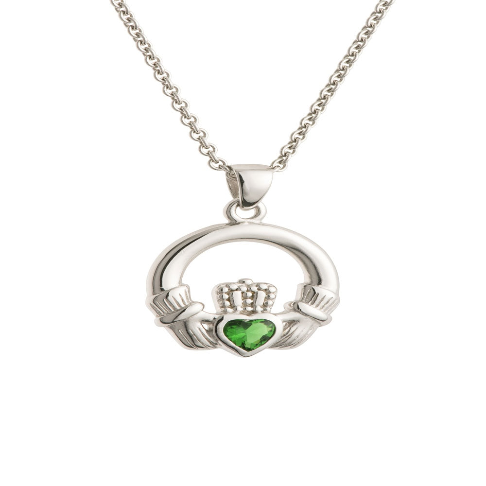 Galway Crystal Green Crystal Claddagh Sterling Silver Pendant