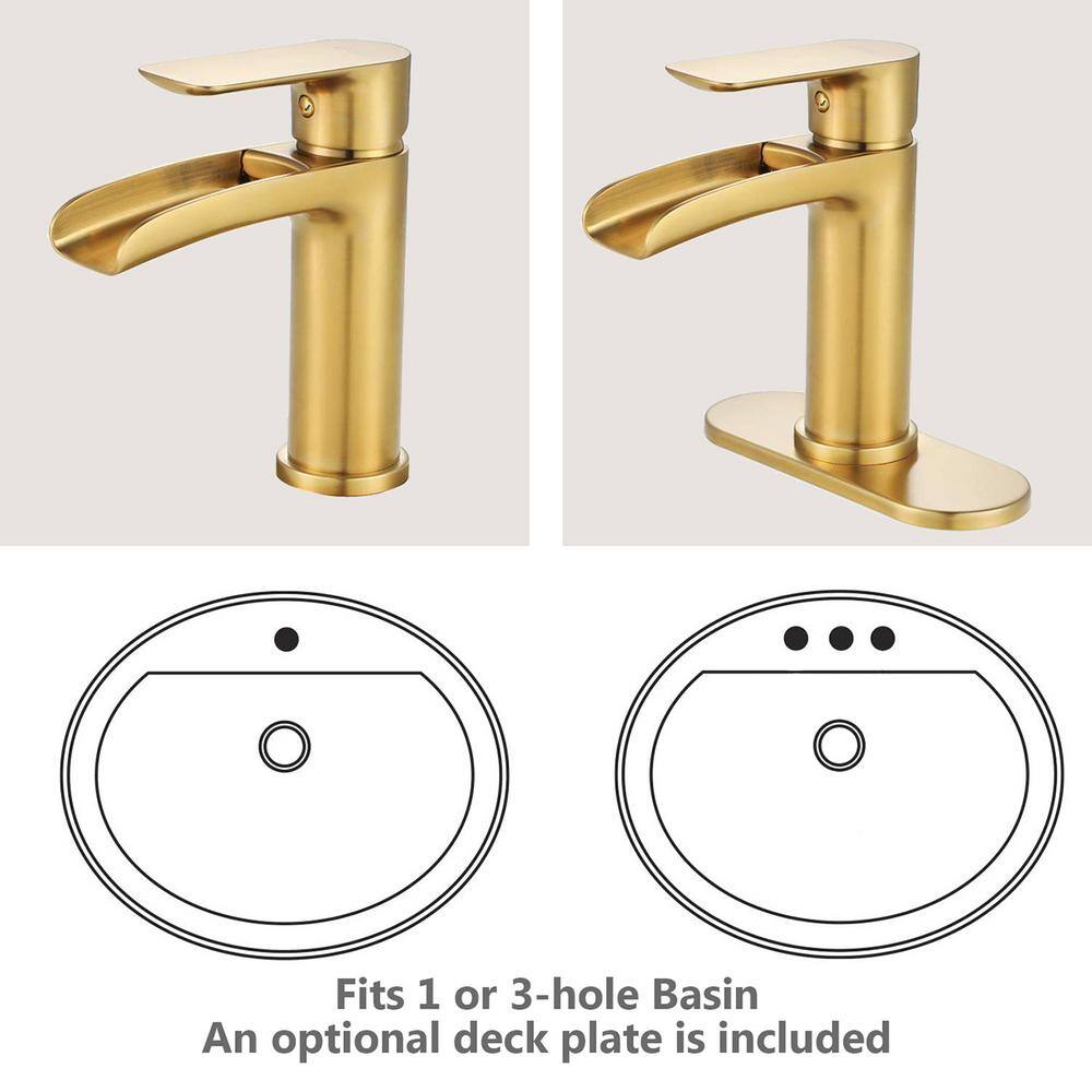 Miscool Single-Handle Single-Hole Bathroom Sink Faucet with Pop-up Drain Assembly Waterfall in Brushed Gold FAMSH10C1970BGL