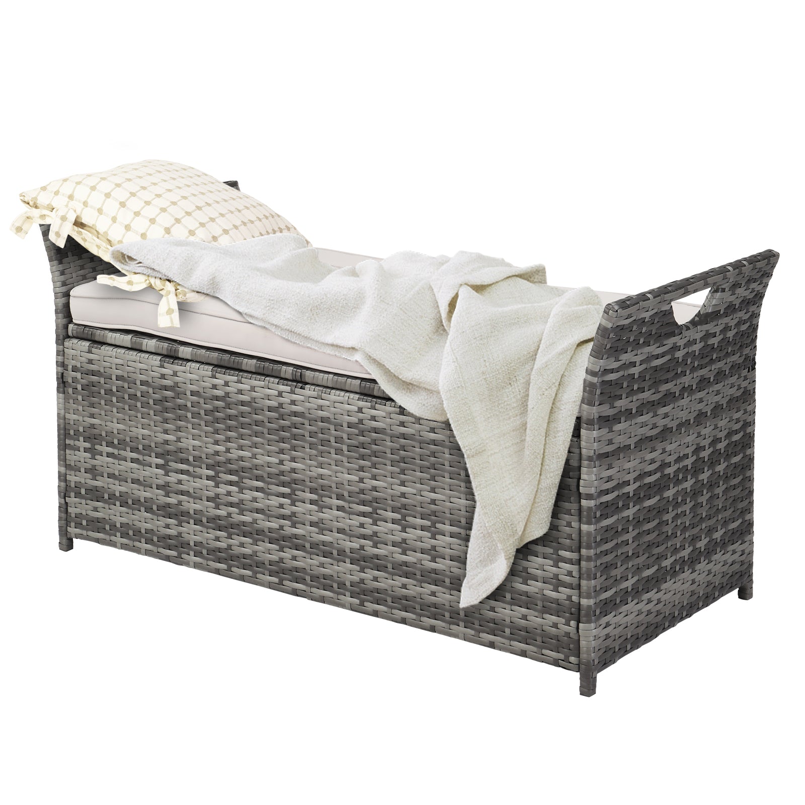 VINGLI 40 Gallon Patio Rattan Deck Box with Cushion, Wicker Outdoor Storage Box, Grey