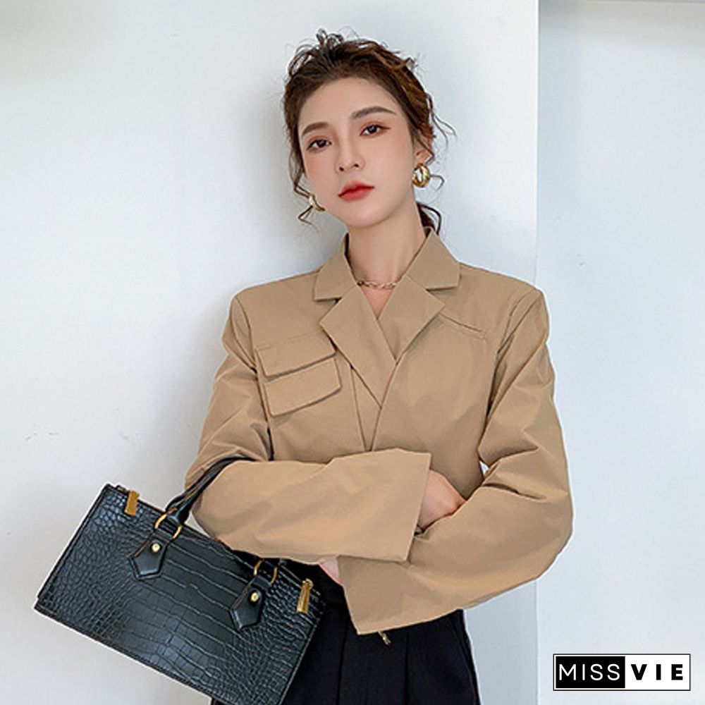 Fall Fashion Unique Design Sexy Blazer Women Long Sleeve Pocket Khaki Short Jacket Korean Slim Solid Green Lady Outwear New