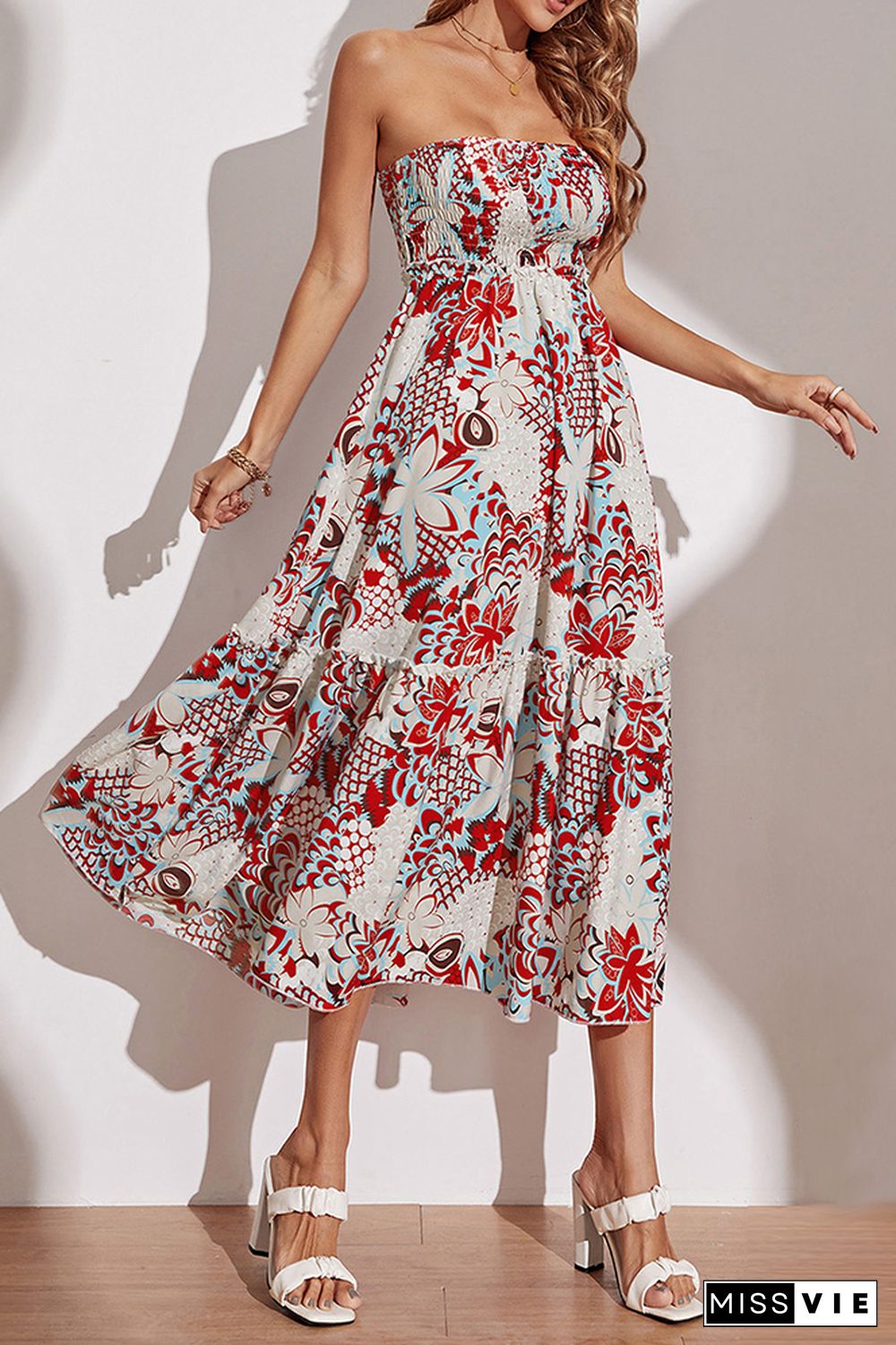 Strapless Smocked Bandeau High Waist Floral Midi Dress