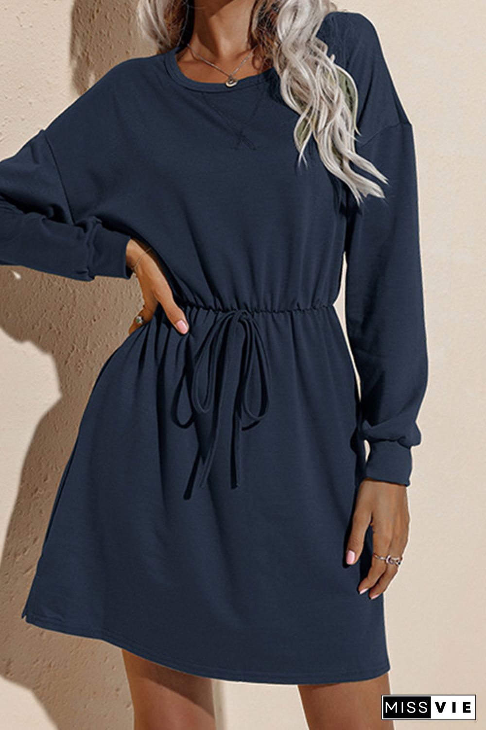 Solid Drawstring O-neck Long Sleeve Dress Women Wholesale