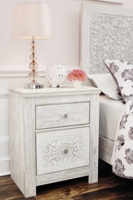 Signature Design by Ashley Paxberry Boho 2 Drawer Nightstand with 2 Slim-Profile USB Charging Ports, Whitewash