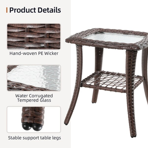 Patio Watcher Outdoor PE Rattan Side Table with 5mm Tempered Glass Top