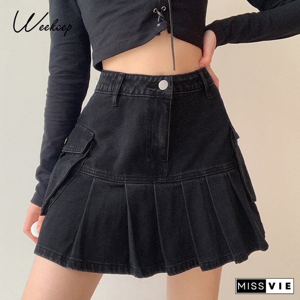 Weekeep Black Pleated Skirts Women Denim Skirt New Aesthetic Streetwear Ruffle Mini Sexy Skirts Harajuku Elegant Bottom 90S