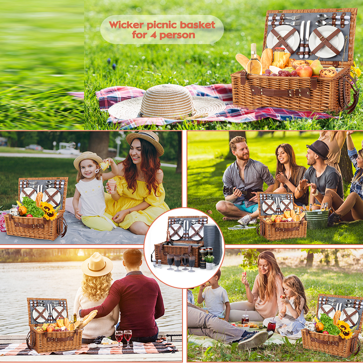 Ealing Large Wicker Picnic Basket Set for 4 with Insulated Cooler Compartment andWaterproof Blanket ，Cutlery Service Kit， Retro Classic Willow Hamper Set Picnic Basket for Camping Outdoor  (Brown）