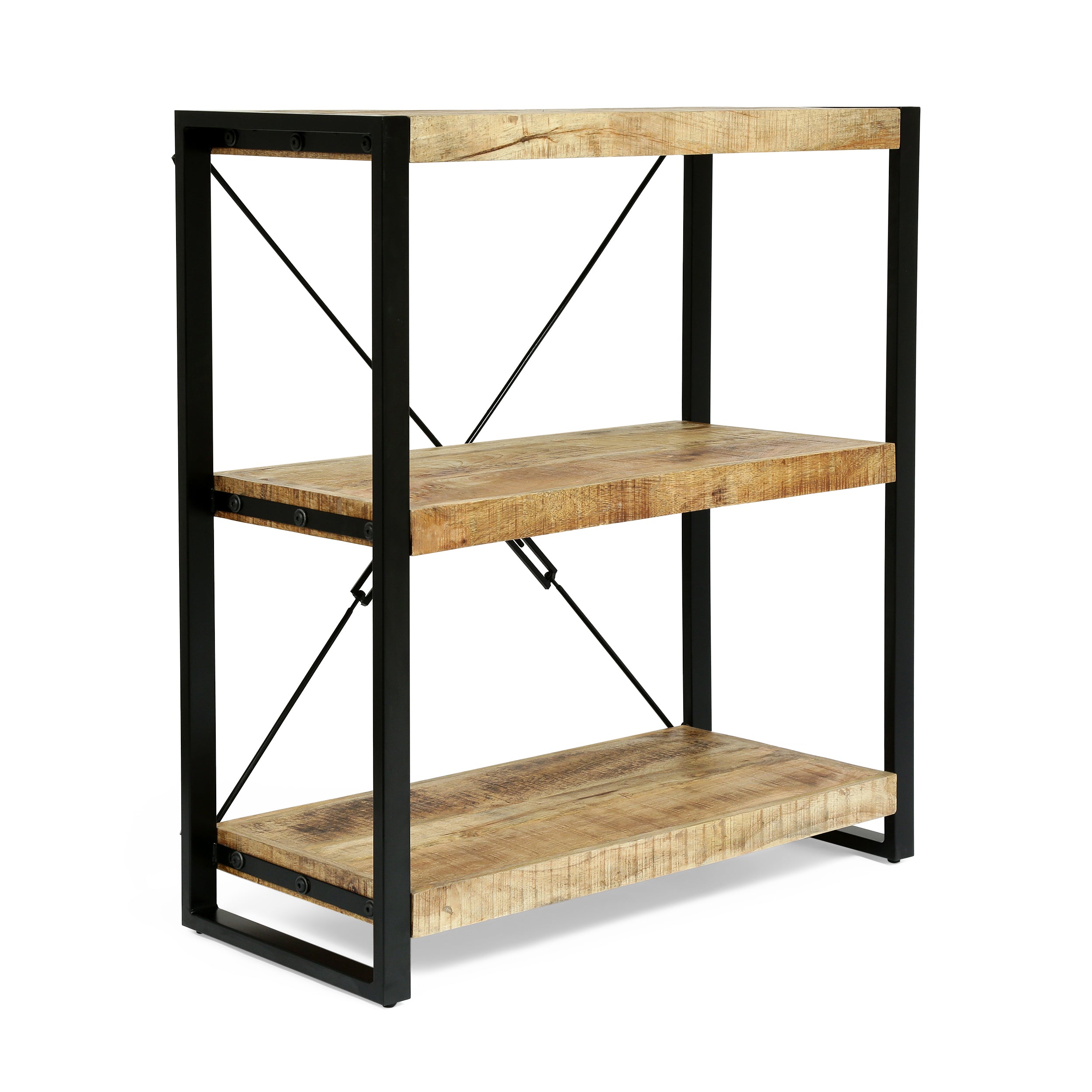 Warthen Brinkley Modern Industrial Handcrafted 3 Shelf Mango Wood Shelving Unit, Natural and Black