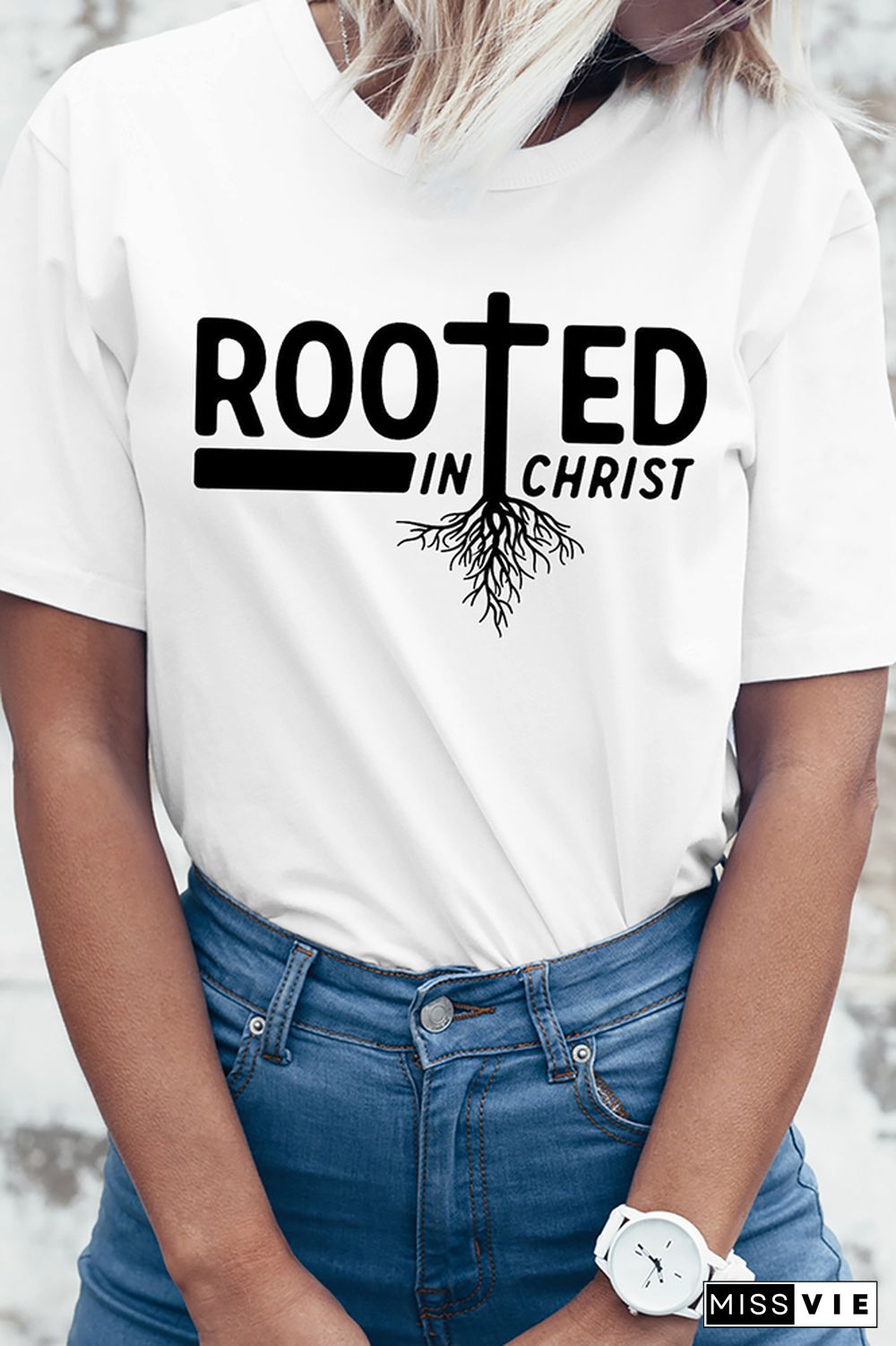 Rooted In Christ Printed Graphic Tees for Women Wholesale Short Sleeve T shirts Top